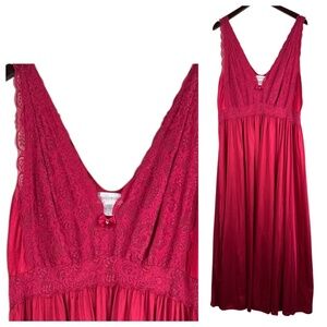 Shadowline Sz 3X 22 24 Long Nightgown Red Coral Lace Lingerie Silky Stretch